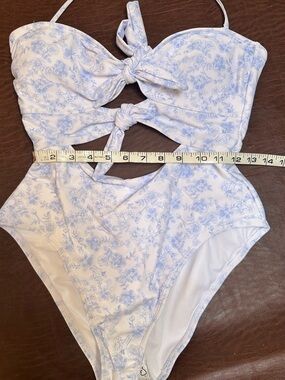 White and Light Blue Floral One-Piece Swimsuit with Front Knots